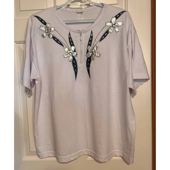 Unknown Tops - White Top Blue Jean Leaves Silver Flowers Embellished Half Zipper Size XXL‎